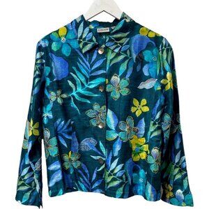 CHICO'S Silk Jacket Medium Blue Hawaiian Tropical Floral Print Embroidered Top